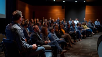 Engaging Audience: A focused man addresses an audience in a dim room, creating an environment of engagement and knowledge sharing. Capturing the essence of information delivery.