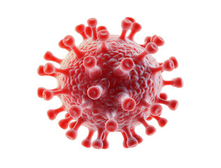 A 3D rendered image of a red virus cell against a transparent background, highlighting its distinct...