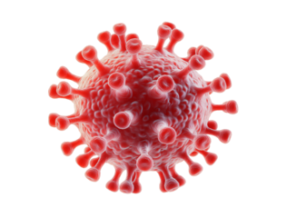 A 3D rendered image of a red virus cell against a transparent background, highlighting its distinct spiky surface and the microscopic threat it represents