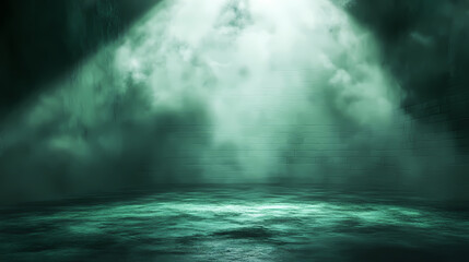 Naklejka premium Green Light Illuminating a Misty Landscape