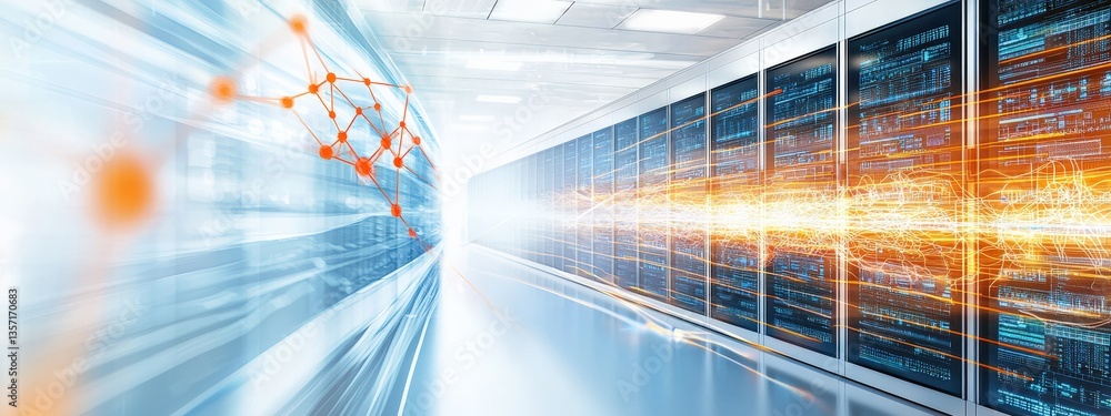 Poster futuristic data center with server racks and digital connection lines