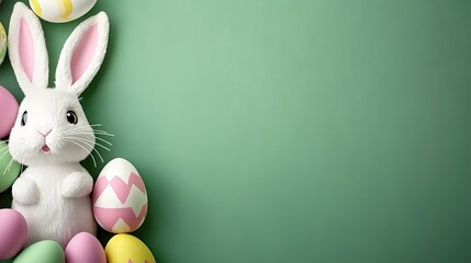 Fresh Spring Background with Playful White Rabbit and Pastel Easter Eggs on Left-Aligned Grass Field, Soft Gradient Overlay for Web Design, Print Materials or Educational Children’s Projects.