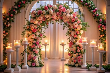 Elegant Pink & Peach Rose Floral Archway Wedding Decor Stock Photo