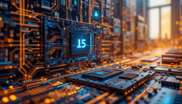 Internet of Things embedded systems concept. A close-up view of a futuristic circuit board with glowing elements and intricate pathways, showcasing advanced technology and design.