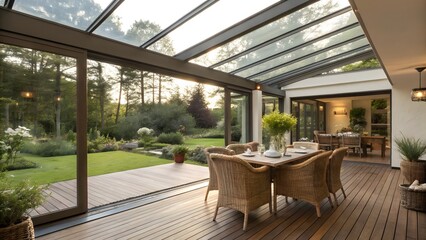 Elegant Glass-Roof Patio Luxurious Outdoor Dining & Garden View V8
