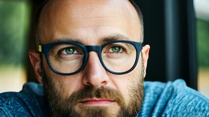 Thoughtful man with glasses contemplating life in a cozy indoor setting during daylight hours