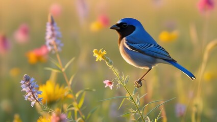 Obraz premium Indigo Bunting on Wildflower Stem in Sunlit Meadow in HD