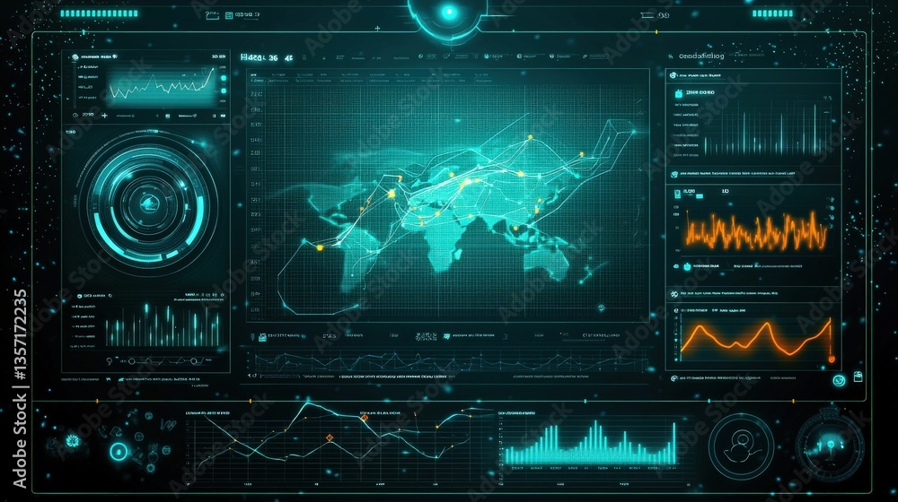 Poster futuristic data visualization with charts and world map analysis