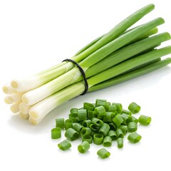 A picture of a green onion with a white background
