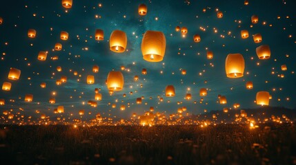 Many glowing lanterns soar into a starlit night sky over a field