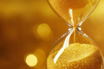 Close-up of Gold Sand in Hourglass with Bokeh Background