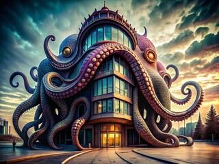 Fototapeta premium Architectural Octopus Drawing - Surreal Building Design, Ink Sketch Style
