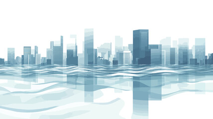 A digital illustration depicting a stylized cityscape partially submerged in water. The buildings are rendered in shades of blue and gray, with varying heights and shapes, suggesting a modern or