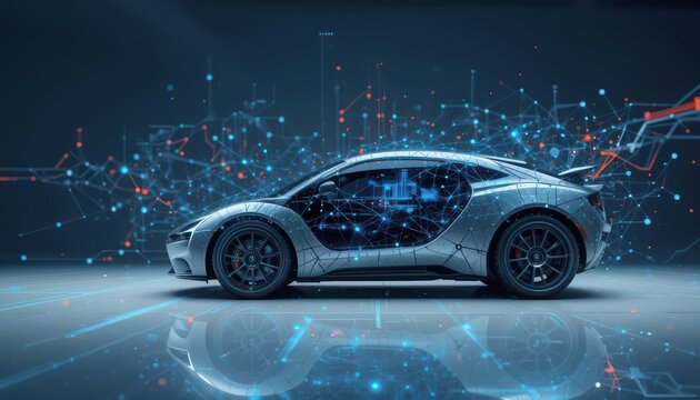 Internet of Things embedded systems concept. A futuristic car design featuring a digital interface with illuminated graphics and data visualization, showcasing innovation in automotive technology.