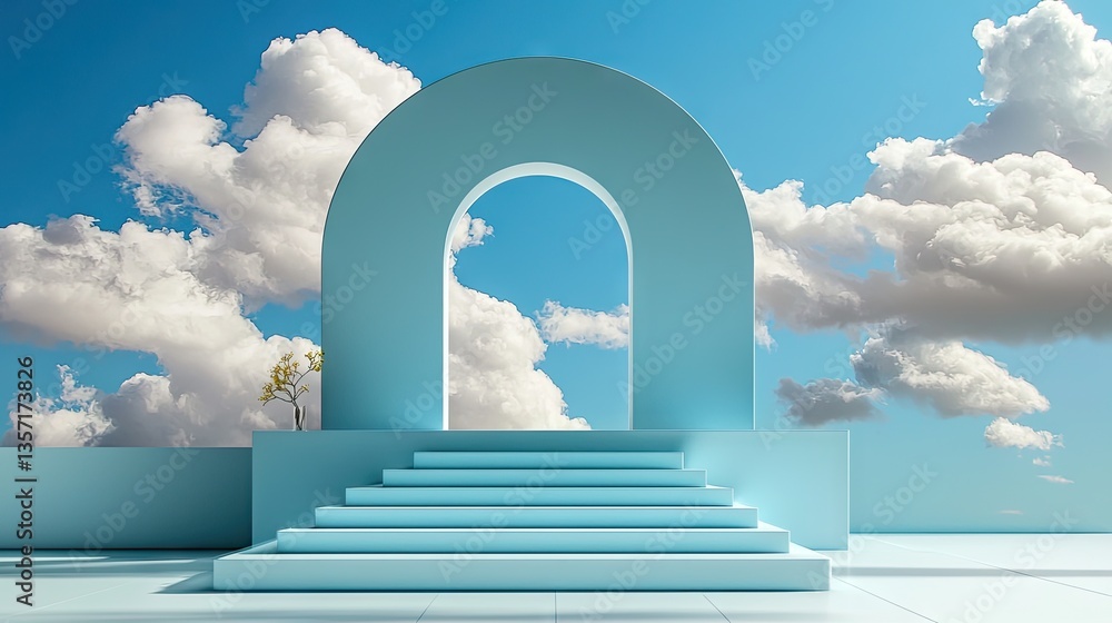 Poster minimal blue scene with floating white clouds and a round shape in the center, modern display