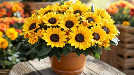 Obraz premium Bright yellow sunflowers in a terracotta pot