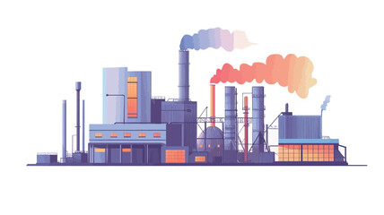 Obraz premium A stylized vector illustration depicting an industrial complex. The image showcases several large industrial buildings with various chimneys emitting smoke of varying colors, suggesting different
