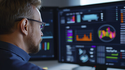 Data analyst working on digital financial reports and analytics