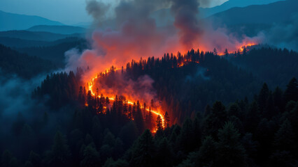 A dramatic view of a forest engulfed in flames at night.