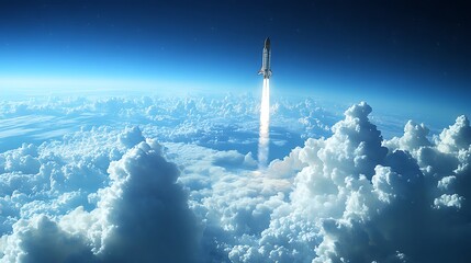Rocket Launching into Blue Sky with Clouds, A rocket launching into a clear blue sky with white clouds, leaving a trail of smoke