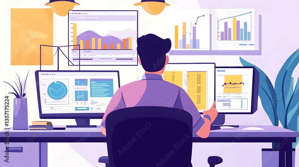 Poster analyzing data: a professional meticulously analyzes complex data sets, charting a course to innovat