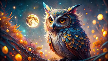 Obraz premium Artistic Bokeh Owl Painting - Whimsical Night Bird Portrait with Soft Focus Background