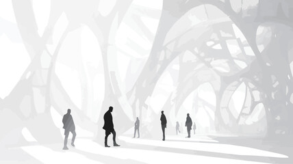 The image is a monochrome, high-contrast photograph or digital artwork depicting several human silhouettes standing in a dense, abstract forest. The forest is rendered with swirling, intertwined