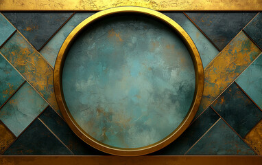 Abstract Teal and Gold Geometric Background with Circular Frame for Text or Image.
