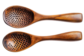 Rustic charm handcrafted wooden straining spoons set against stark black creating a sophisticated earthy still life