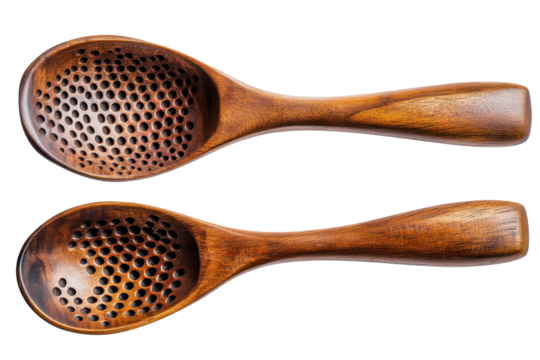 Rustic charm handcrafted wooden straining spoons set against stark black creating a sophisticated earthy still life