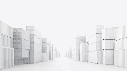 The image presents a minimalist, abstract representation of a shipping container yard.  The containers are depicted in pure white, creating a monochrome palette. The perspective is a long shot down