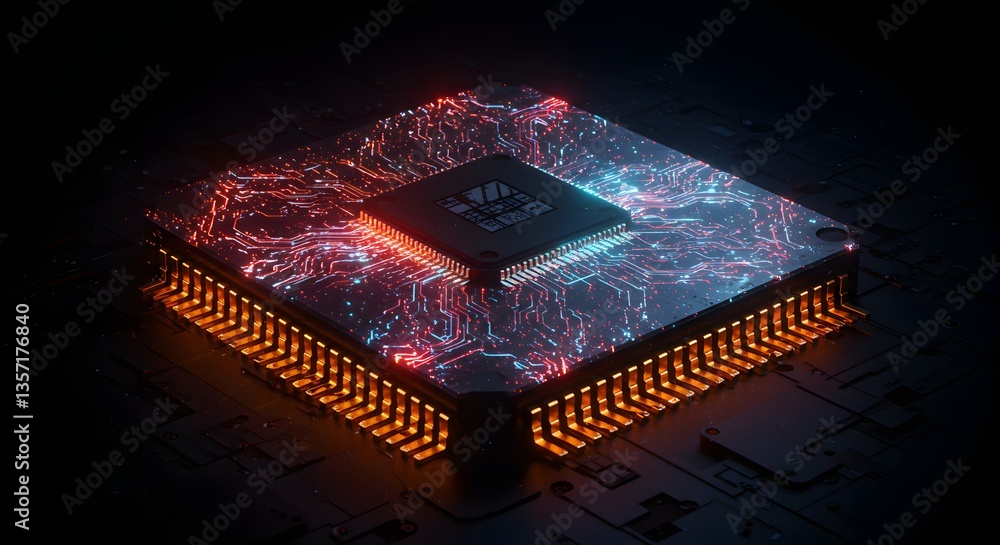 Poster high-tech cpu with neon-colored circuitry