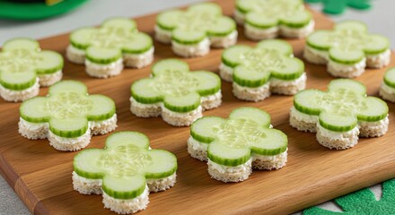 saint patrick's day Appetizers: A delightful assortment of cucumber appetizers arranged on a wooden serving board, showcasing a fresh and artistic culinary presentation. 