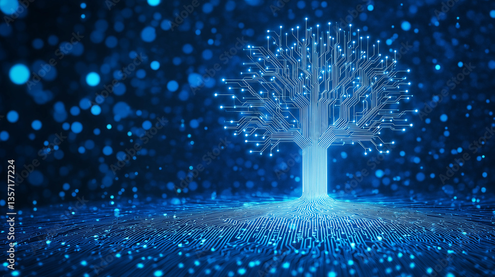 Poster digital tree of technology: a radiant tree crafted from interconnected circuits and glowing nodes, s