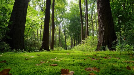 Peaceful forest understory, soft green moss thriving under tall trees