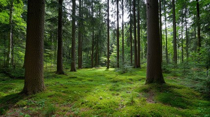 Fototapeta premium Peaceful forest understory, soft green moss thriving under tall trees