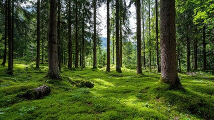 Fototapeta premium Peaceful forest understory, soft green moss thriving under tall trees