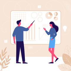Vector illustration of a man and woman discussing charts on a whiteboard. Concept of teamwork, data analysis, business planning, marketing, corporate training.