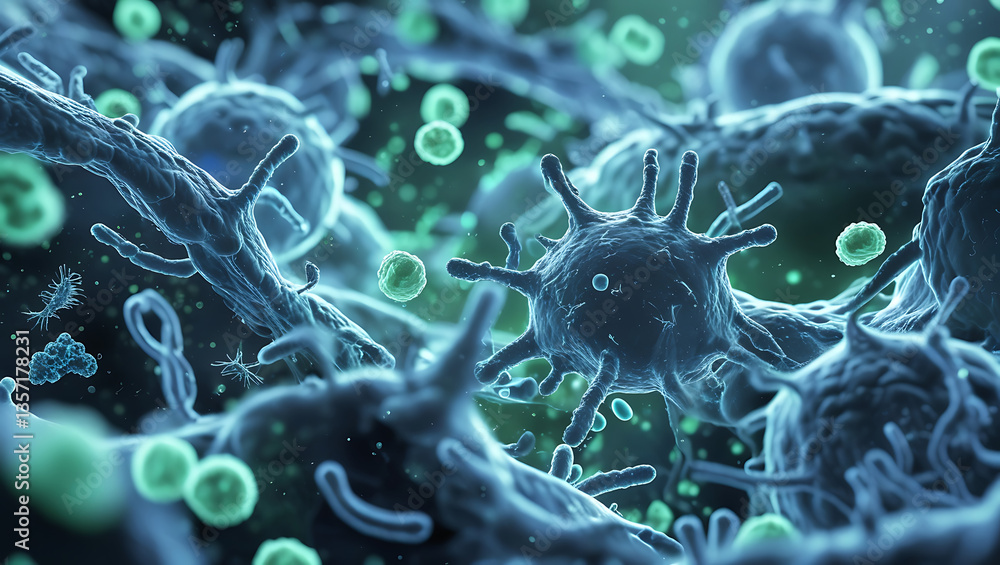 Poster microscopic world: a captivating, macro-level image of various bacteria and microbes, providing an i