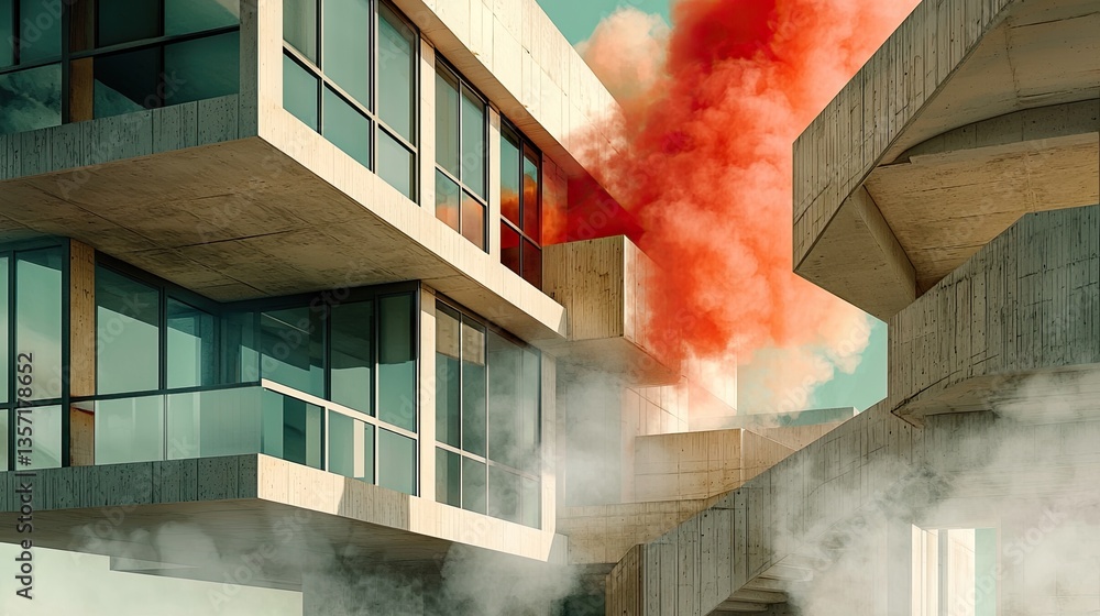 Poster red smoke and cloudy curves creating abstract architectural layers