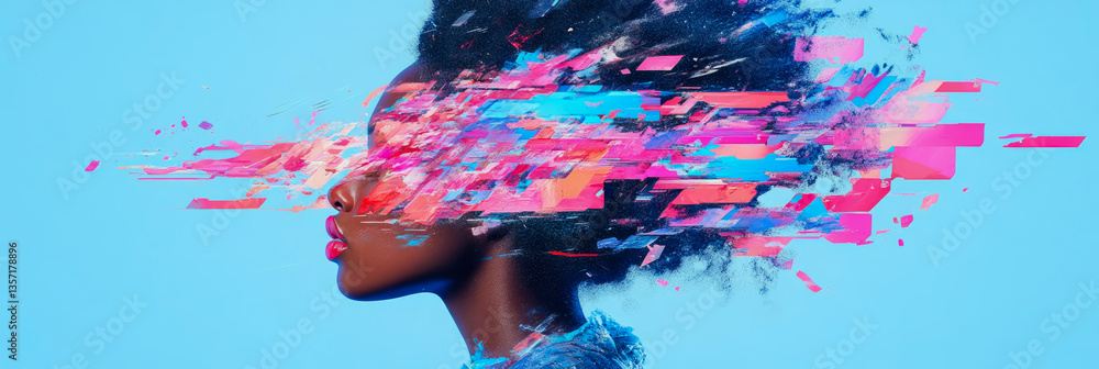 Poster chromatic portrait of a woman's profile with an abstract and colorful disintegration effect