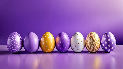 A row of purple and gold easter eggs lined up against a purple wall.