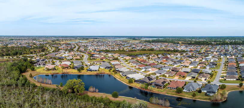 Aerial panoramic view of suburban community in Ocala, Florida, USA. March 23, 2025. 