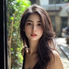Naklejka premium Portrait of a Young Woman with Long Dark Hair in Natural Light