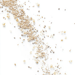 a scattering of tiny, translucent chia seeds with delicate textures isolated on white background, full depth of field