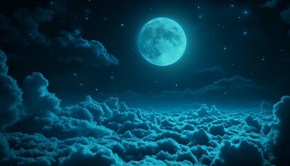 Mystical Night Sky Full Moon Illuminating Fluffy Clouds, Stars Twinkling in Dark Blue