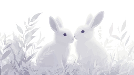 Obraz premium The image shows two white rabbits, seemingly young, positioned close together in a meadow. The rabbits are the focal point, sharply focused against a softly blurred background. The background