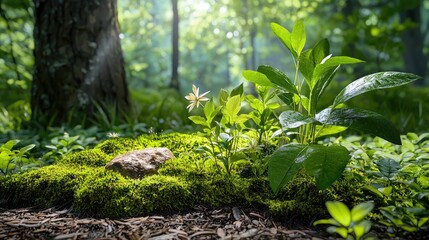 Serene forest floor with vibrant moss, intricate natural patterns in soft light
