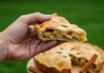 Hand Holding a Slice of Golden Brown Apple Pie Outdoors