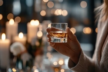 A hand elegantly holds a glass of whiskey, illuminated by soft candlelight, creating a warm and inviting atmosphere perfect for relaxing moments or intimate gatherings.